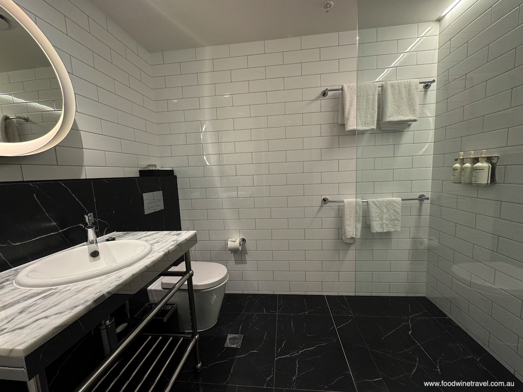 The spacious ensuite bathroom in our one-bedroom apartment.