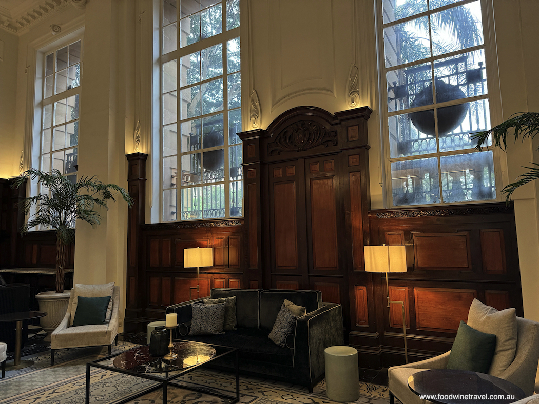 Original timber-panelled walls in the hotel reception.