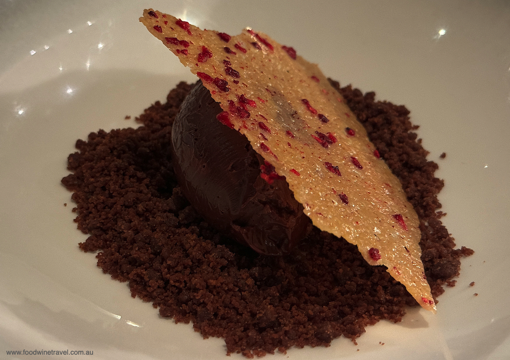 Hunted and Gathered chocolate with brown butter crumb and raspberry crisp.