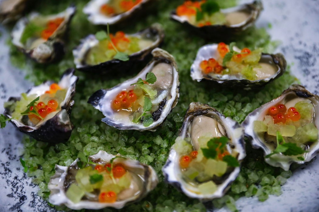 Superb oysters among the canapés served prior to the 2023 lunch.