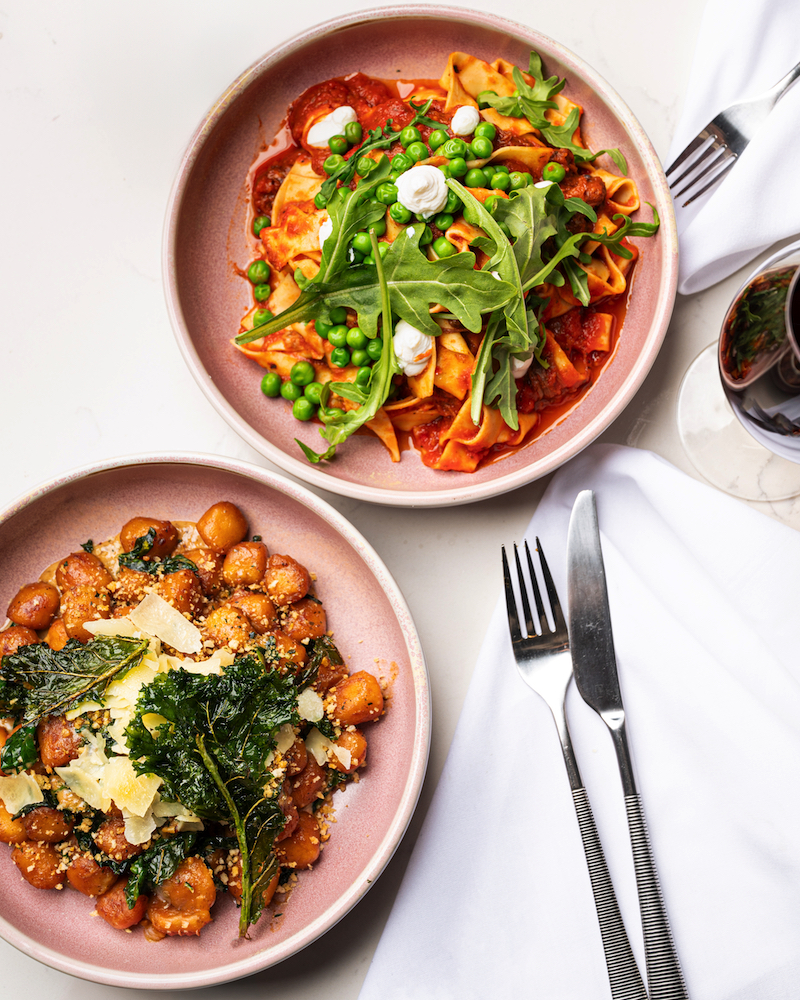 Goldfinch Restaurant & Street Café Potato gnocchi with creamy gorgonzola sauce, and Brisket ragout pappardelle.