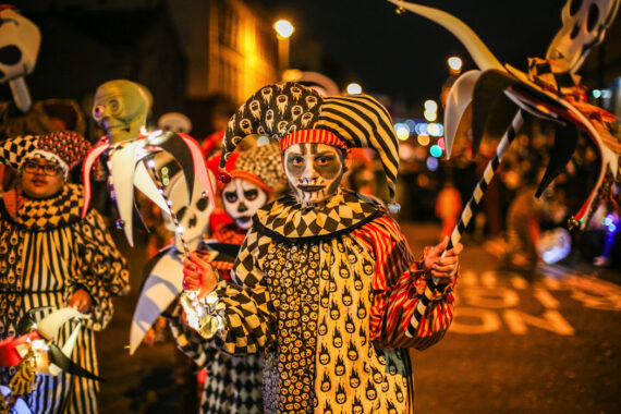 Super-scary places in Ireland. Halloween carnival parade and fireworks display in Derry.