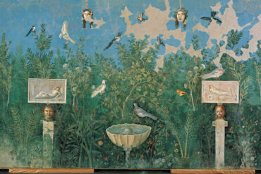 Fresco of a garden scene, painted plaster 1st century CE, excavated from the House of the Golden Bracelet.