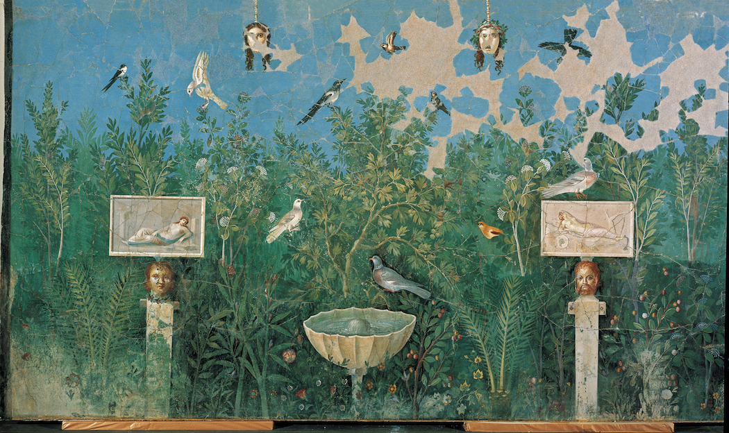 Fresco of a garden scene, painted plaster 1st century CE, excavated from the House of the Golden Bracelet.