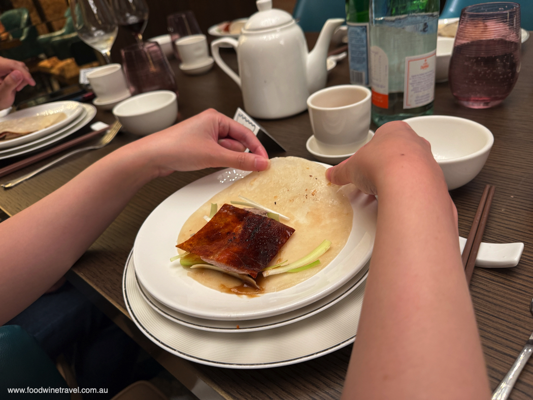 Peking duck pancake: a juicy, generously sized portion.